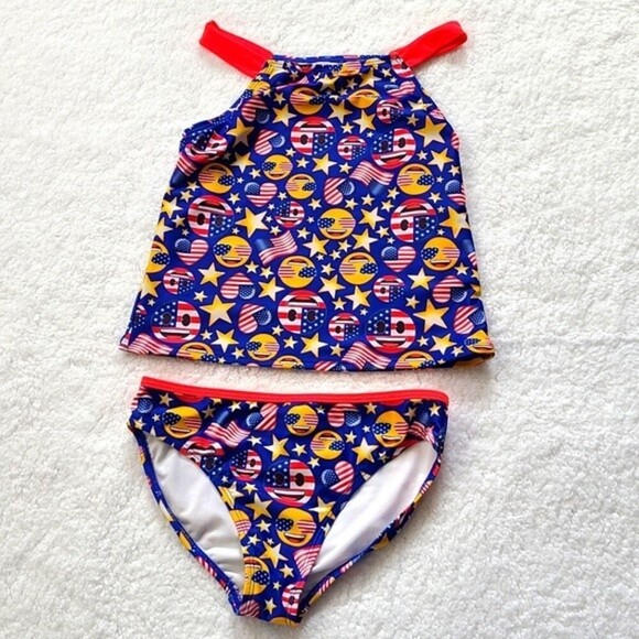 Emoji Girls Size 10 Patriotic Red White Blue 2 pc Swimming Suit Swimsuit Tankini - Picture 2 of 6